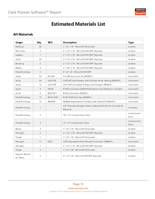 Deck Planner Page 19: Estimated Materials List