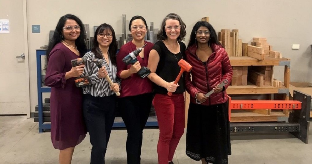 Female engineers at Simpson Strong-Tie (2019). From left: Jhalak Vasavada, Hien Nguyen, Annie Kao, Rachel Holland, Neelima Tapata.