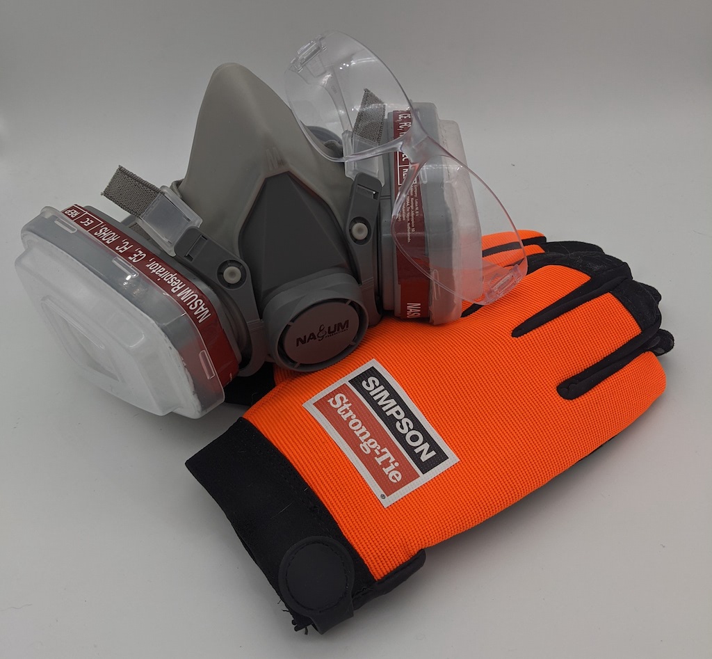 protective gear: respirator, goggles, gloves