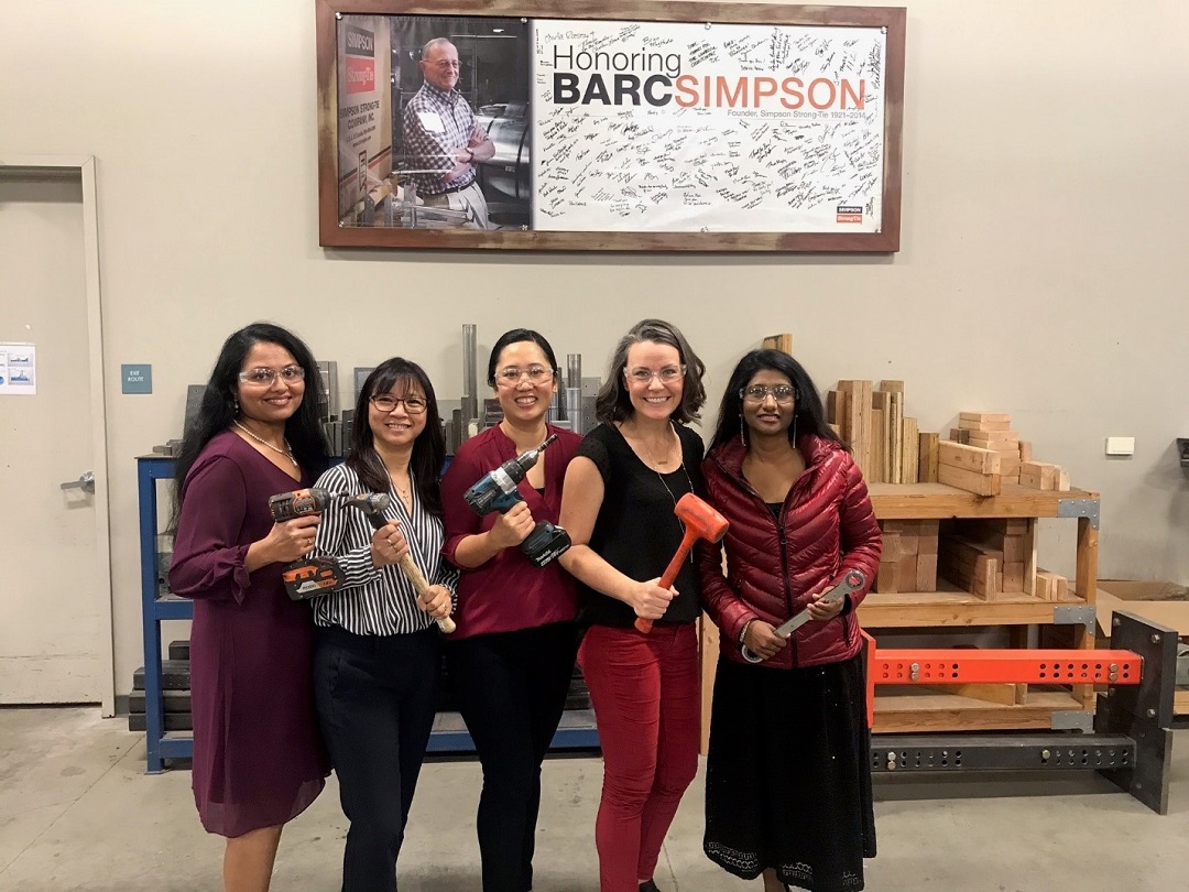 Female engineers at Simpson Strong-Tie (2019). From left: Jhalak Vasavada, Hien Nguyen, Annie Kao, Rachel Holland, Neelima Tapata. 