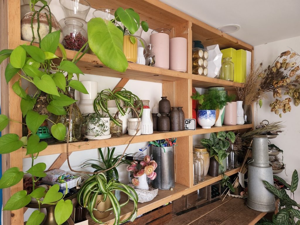 Shelves with various vases