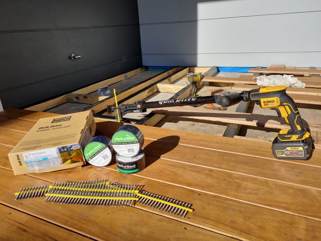 Supplies used for the DIY Deck Build including Simpson Strong-Tie Quik Drive® auto-feed screw driving system