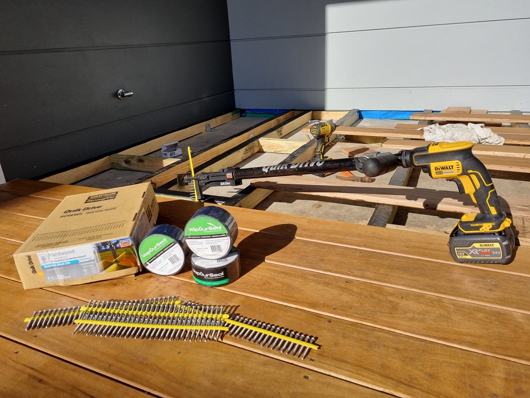 Supplies used for the DIY Deck Build including Simpson Strong-Tie Quik Drive® auto-feed screw driving system 