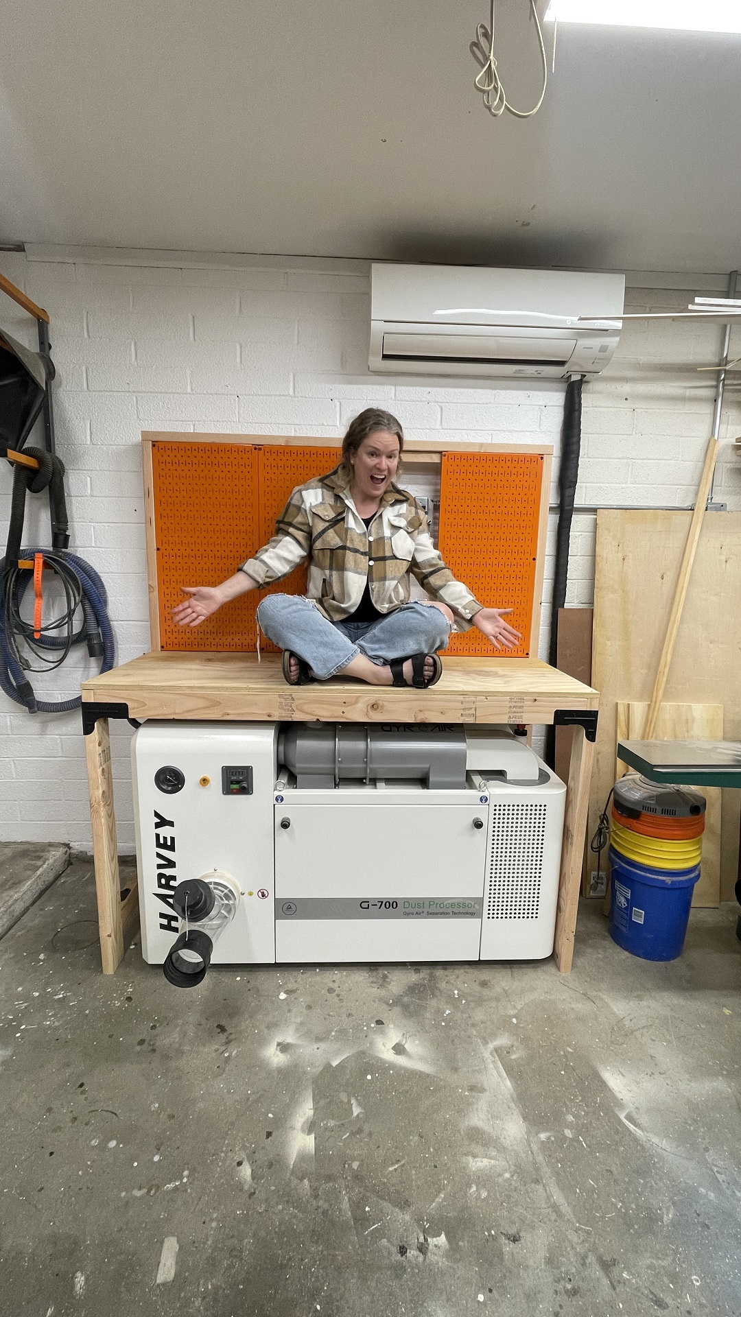 Sadie with the completed workbench