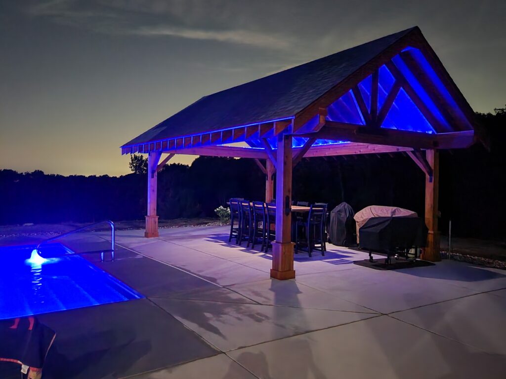 The pavilion lit up at nighttime