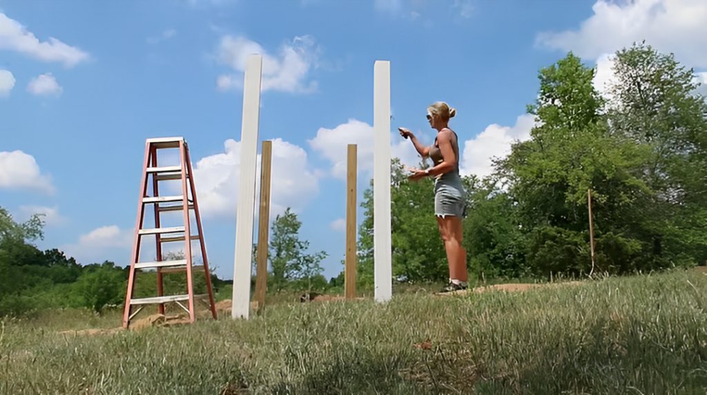 Dena painting the posts