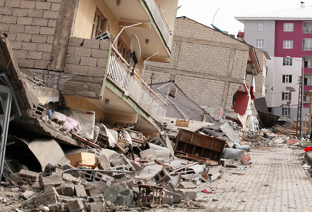 Destroyed city street after earthquake