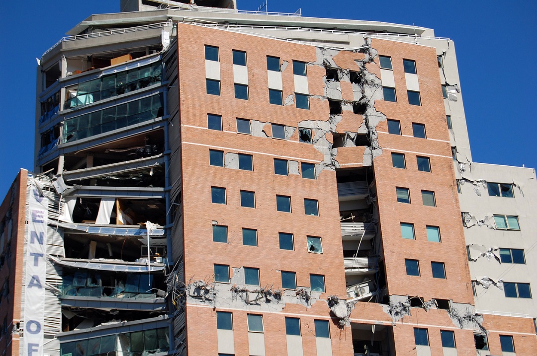 Damage done to a new office building by the 2010 earthquake with 8.8 magnitude in Concepcion city, Chile.