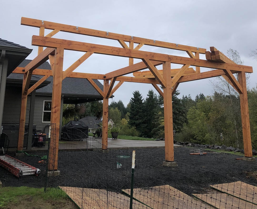 Pergola being built with concealed connectors