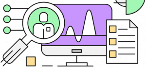 This cartoon shows a computer, a magnifying glass and a piece of paper.